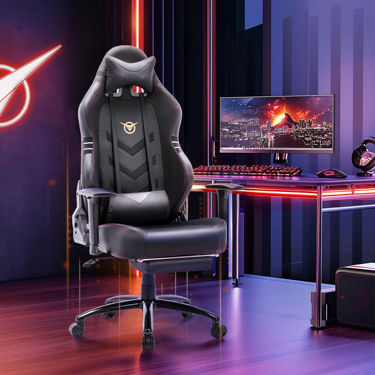 Volvor Danetta Big and Tall PU Leather Wide Back Ergonomic Gaming Chair with Retractable Footrest