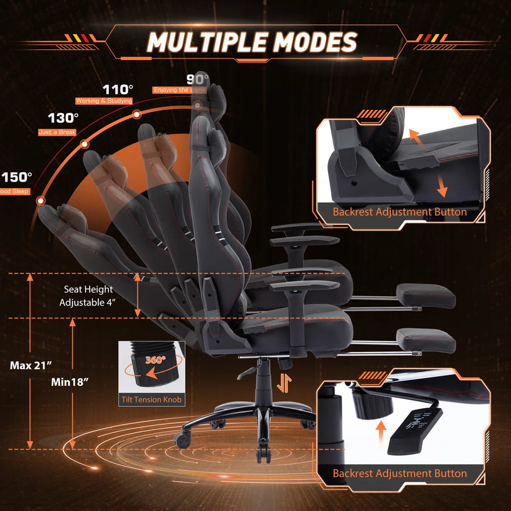 Volvor Danetta Big and Tall PU Leather Wide Back Ergonomic Gaming Chair with Retractable Footrest