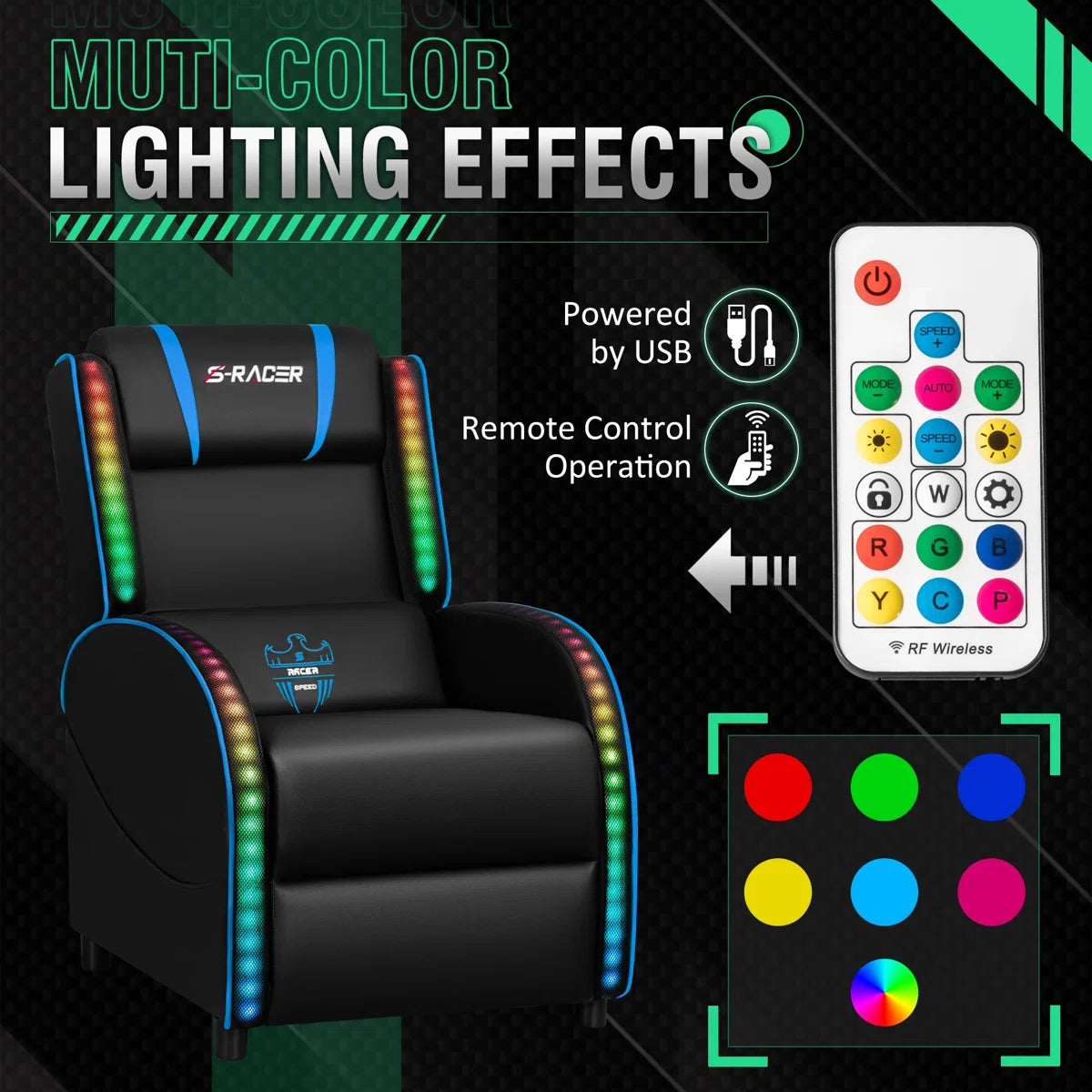 Volvor Faux Leather PC & Racing Game Chair with RGB LED Lights and Massage Lumbar Support