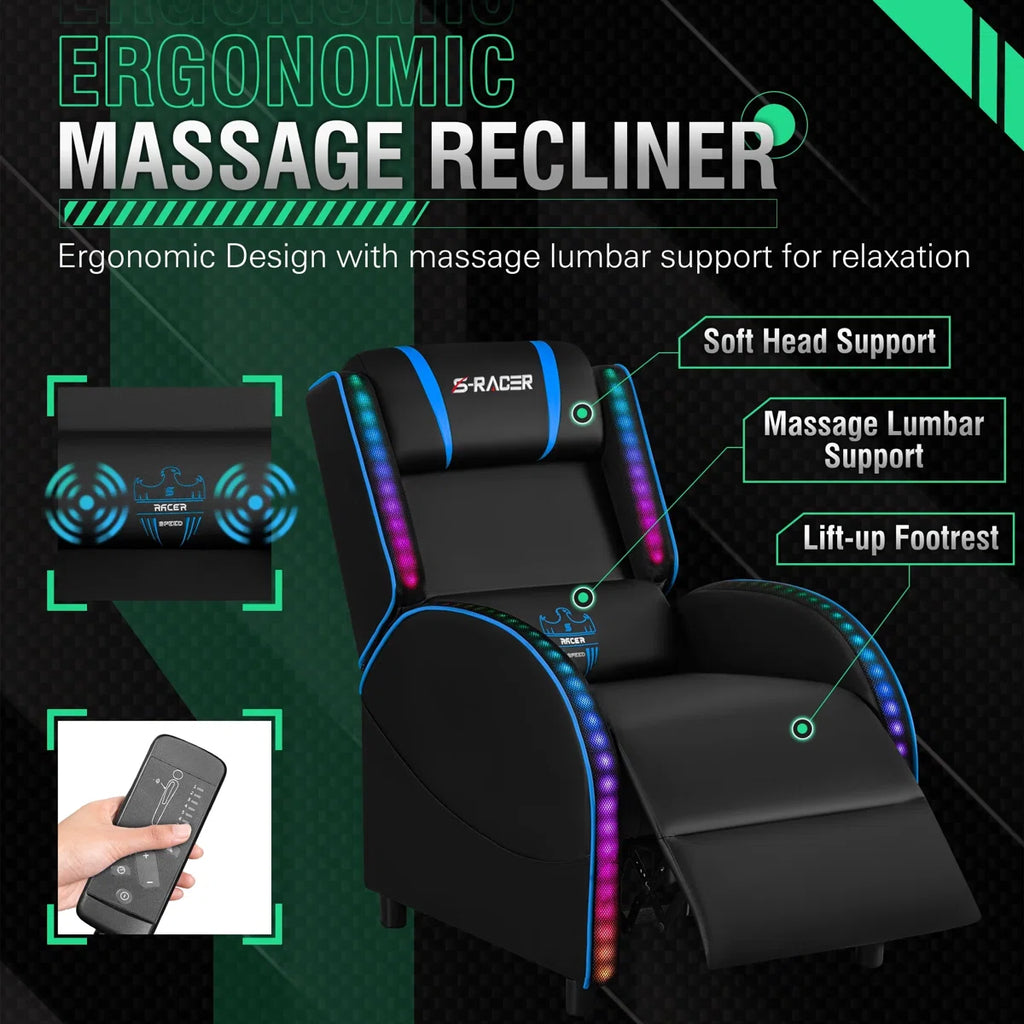 Volvor Faux Leather PC & Racing Game Chair with RGB LED Lights and Massage Lumbar Support