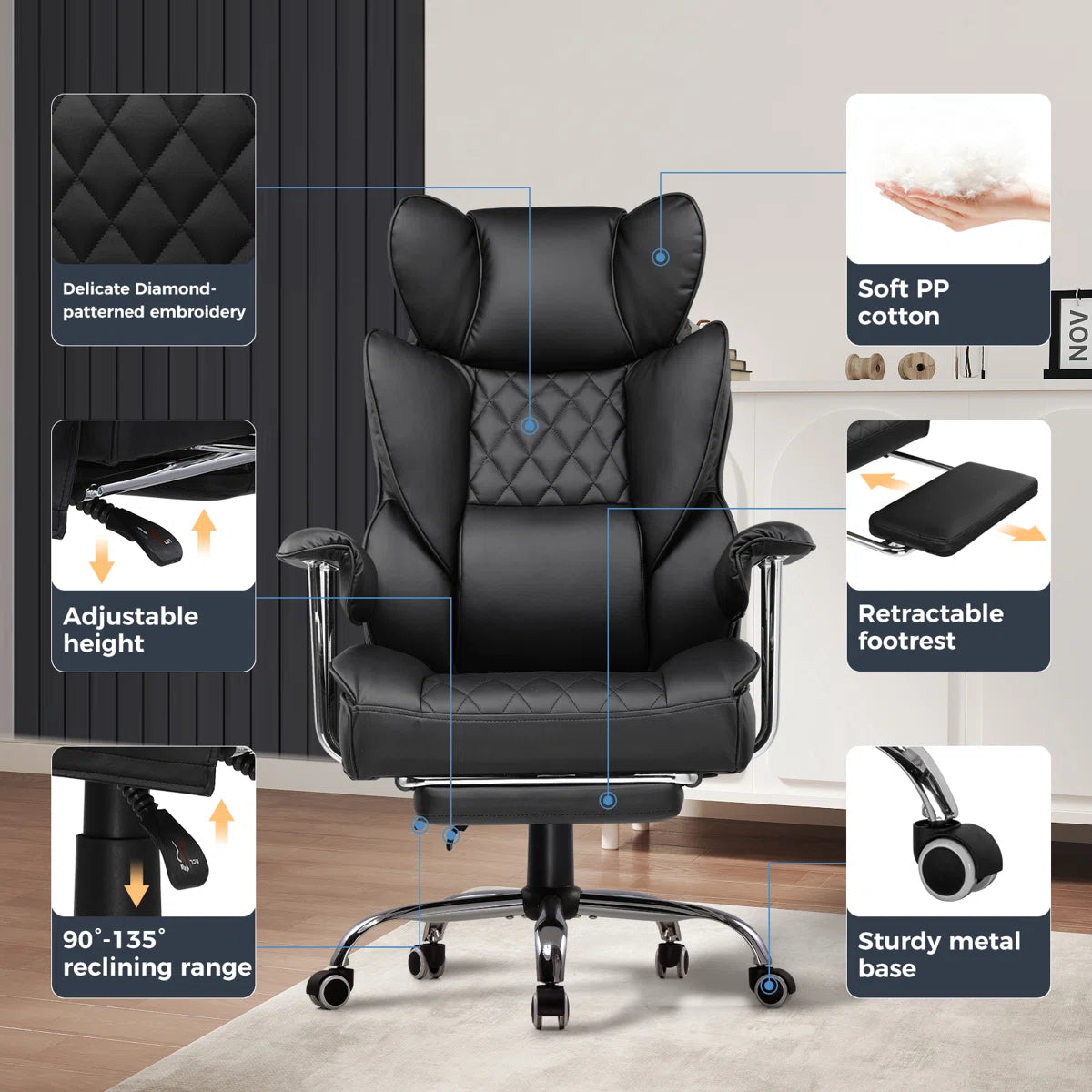 Volvor Big And Tall Gaming Chair With Pocket Spring Lumbar Support, Ergonomic Office Chair With Footrest, Executive Desk Chair With Outward Fixed Soft Armrests, Computer Chair With High Back